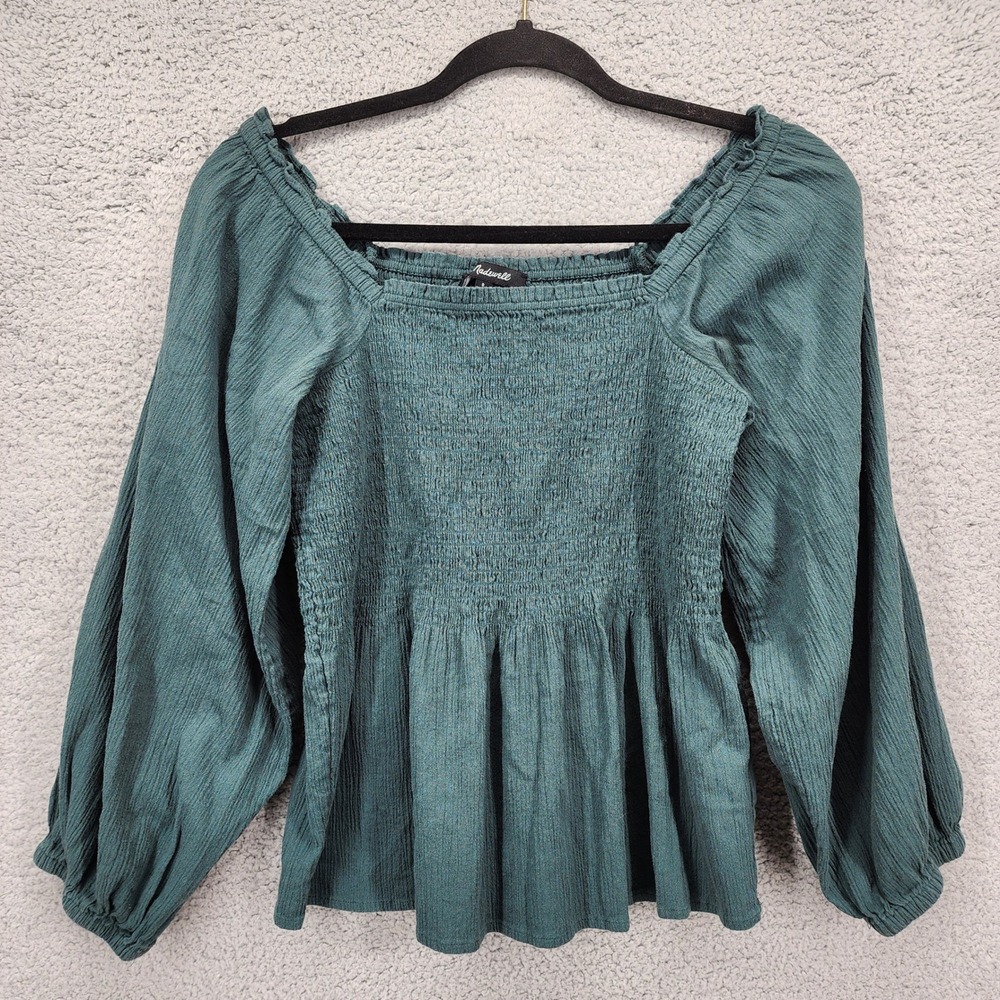 Madewell Size 0 Smocked Peplum Top Green Long Sleeve Cotton Gauze Blouse‎